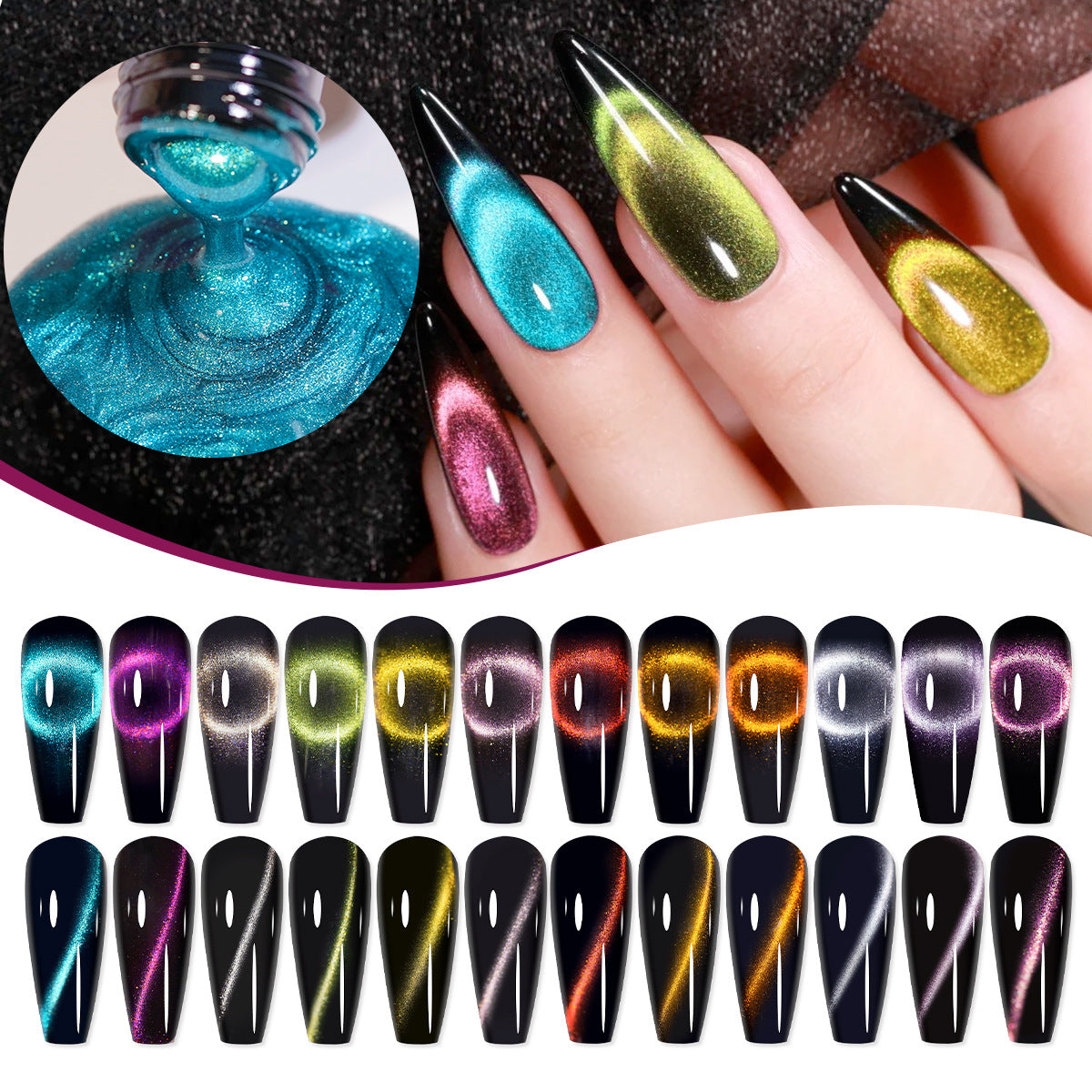 Glamorous Cat-Eye Nail Polish Collection – 12 Magnetic Holographic Shades with Glitter Effects