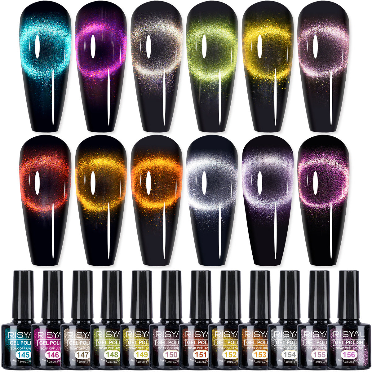 Glamorous Cat-Eye Nail Polish Collection – 12 Magnetic Holographic Shades with Glitter Effects