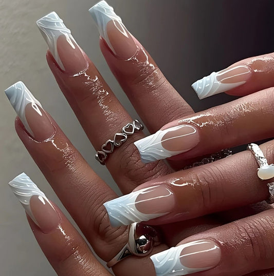 Ethereal Nude & White Swirl Press-On Nails – Elegant French Tip with Silver Rings Set