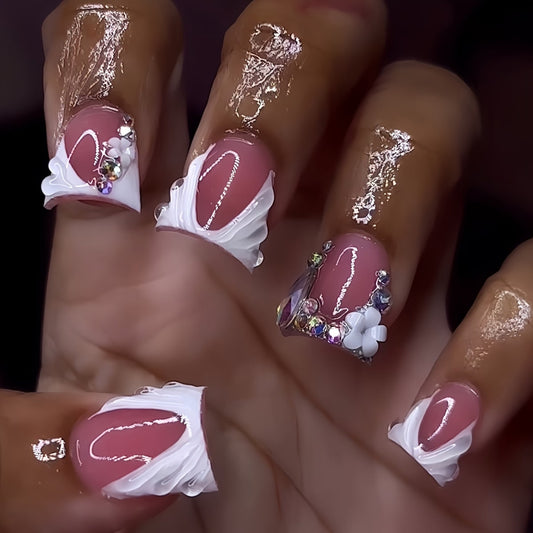 Elegant Lace & Pearl Press-On Nails – Romantic French Tip with Floral Accents