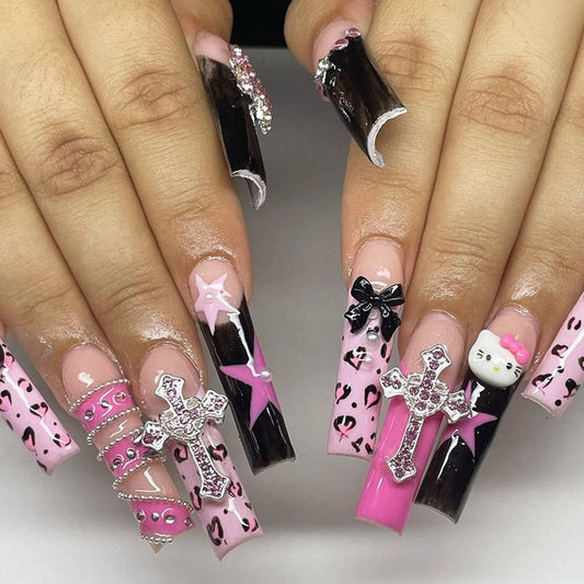 Edgy Kawaii Press-On Nails – Punk Pink & Black with Hello Kitty & Chains