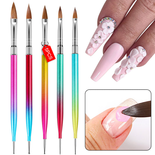 5-Piece Gradient Nail Art Brush Set – Professional Metallic Handle Design with Floral Nail Art Demo