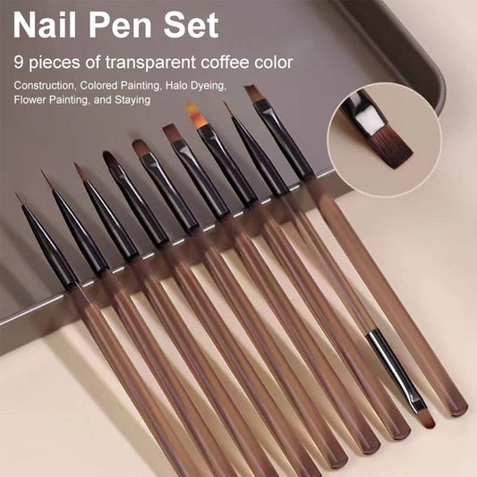 9-Piece Transparent Coffee Nail Art Brush Set – Professional Wooden Handle Design